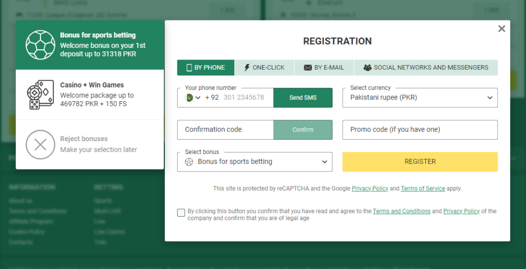 Registration at BetWinner Pakistan