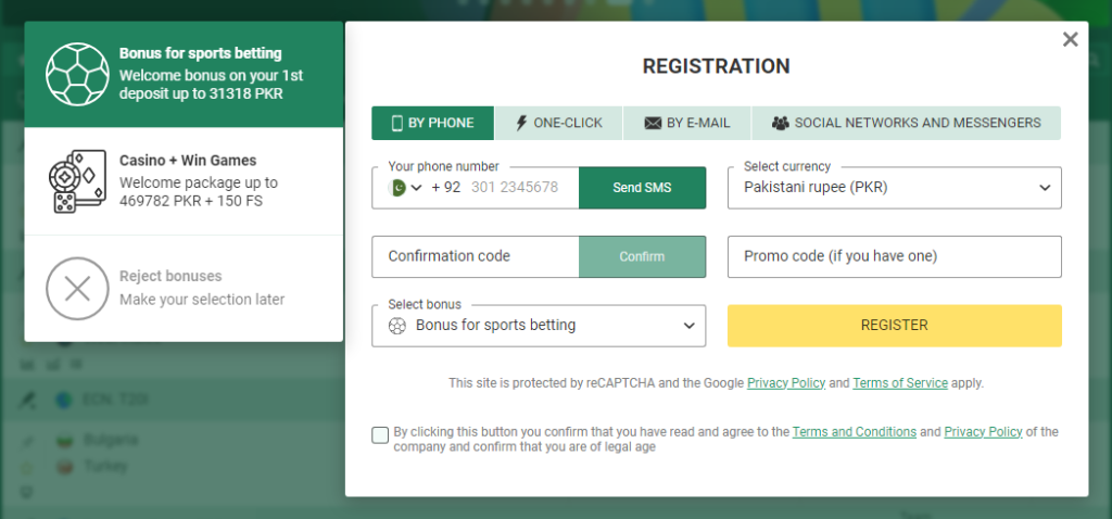 BetWinner Pakistan casino registration form
